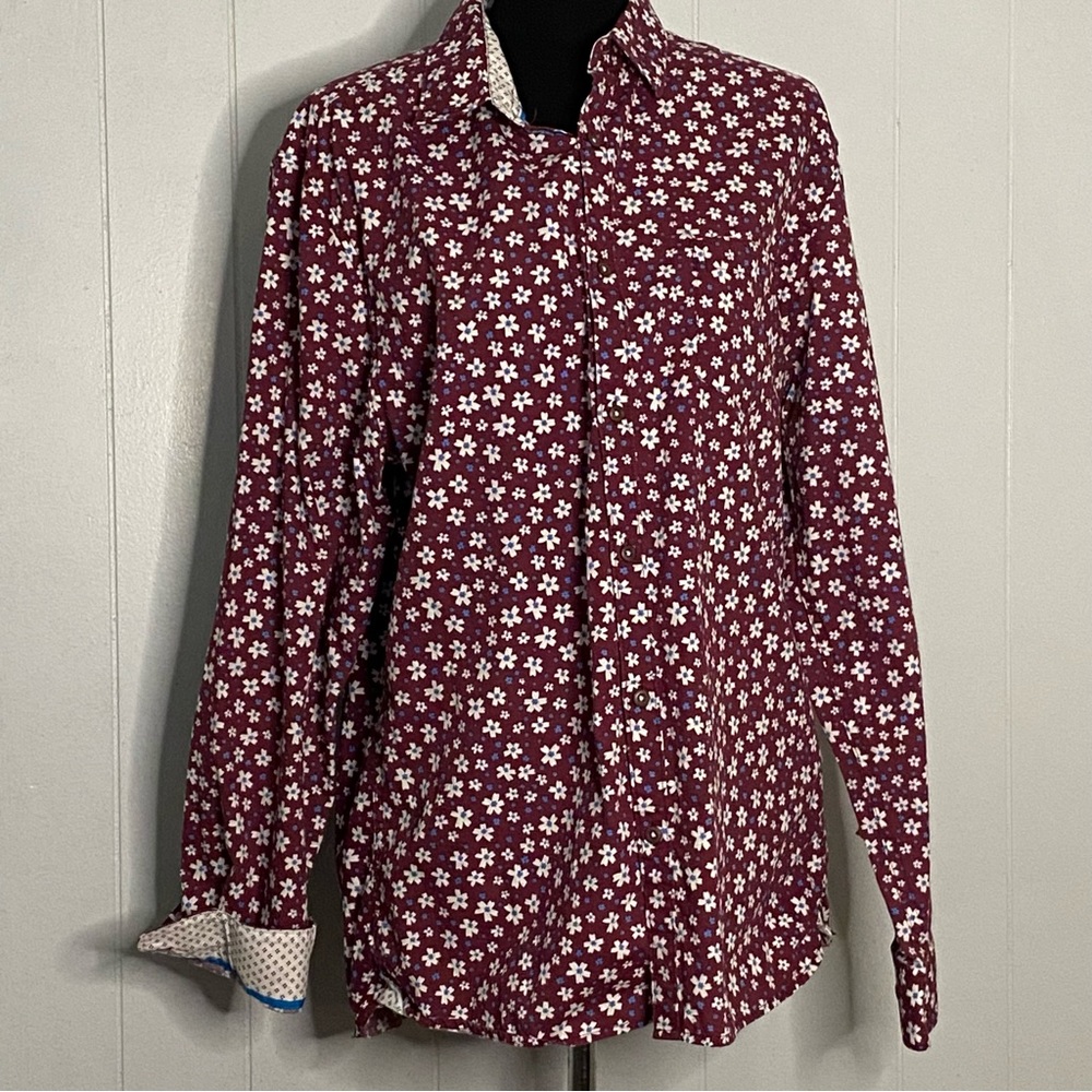 Across the Pond Bold Maroon Floral LONG SLEEVE SHIRT XL Slim Button Down